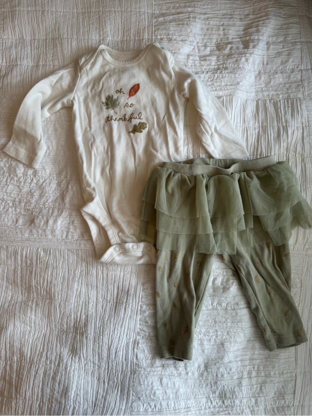 Carter's Thanksgiving White Baby Bodysuit with Gold and Green Leaf Detail - Picture 2 of 7